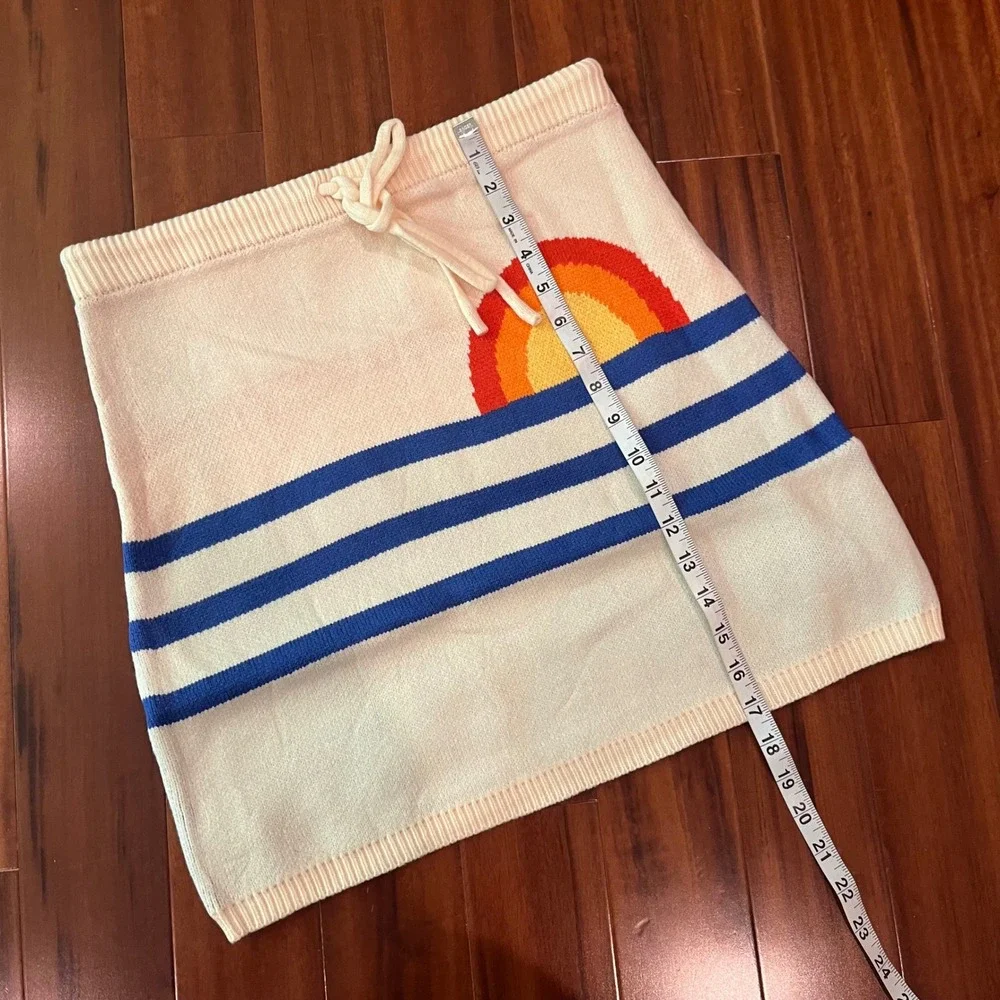 Retro Sun Graphic Knit Mini Skirt Cream Blue Striped Drawstring‎ Waist XL